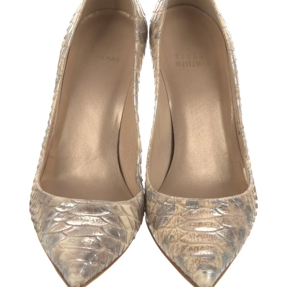 Stuart Weitzman Metallic Snakeskin Pointed Toe Pump - Gold & Beige - Picture 3 of 11